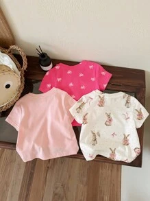 SHEIN 3pcs Baby Girl Cute Bow & Rabbit Print Retro Style Round Neck Short Sleeve T-Shirts, Casual & Minimalist, Suitable For Spring/Summer - Multicolor - View 2