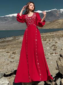 Layrah Hand-Sewn Crystal & Pearl Embellished Red Long Sleeve Full Length Dress, Kaftan & Jalabiya, Luxury Evening Dresses For Women,Modest - Red - View 7