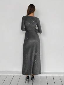 SHEIN EZwear 女士时尚闪光扭纹镂空高开叉连衣裙 - 銀色 - 查看 2