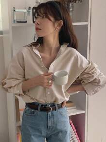 DAZY Women's Solid Color Simple Daily Wear Long Sleeve Button-Down Shirt - Khaki - View 3