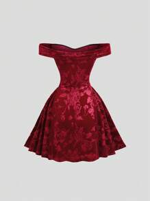 Sweetra Váy ngắn trễ vai cho nữ, dáng ôm bó nhung, tiệc Giáng sinh, hở lưng, họa tiết in màu đỏ gợi cảm cho trang phục năm mới - Đỏ - Xem 2