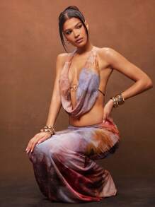 Hauture Summer Women, Women, Women Tie-Dye Print Draped Neck Sexy Backless Cropped Tank Top With Starfish Ornament, Women Tops, Crop Women Tops, Summer Tops, Crop Top, Going Out Tops, Sexy Women Tops, Halter Top. For Date Night, Concerts, Parties, Clubs, Music Festivals, Vacation - Multicolor - View 5