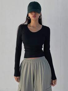 Dazy Star Women's Round Neck Ribbed T-Shirt,Fall Clothes Long Sleeve Women Tops - Black - View 10