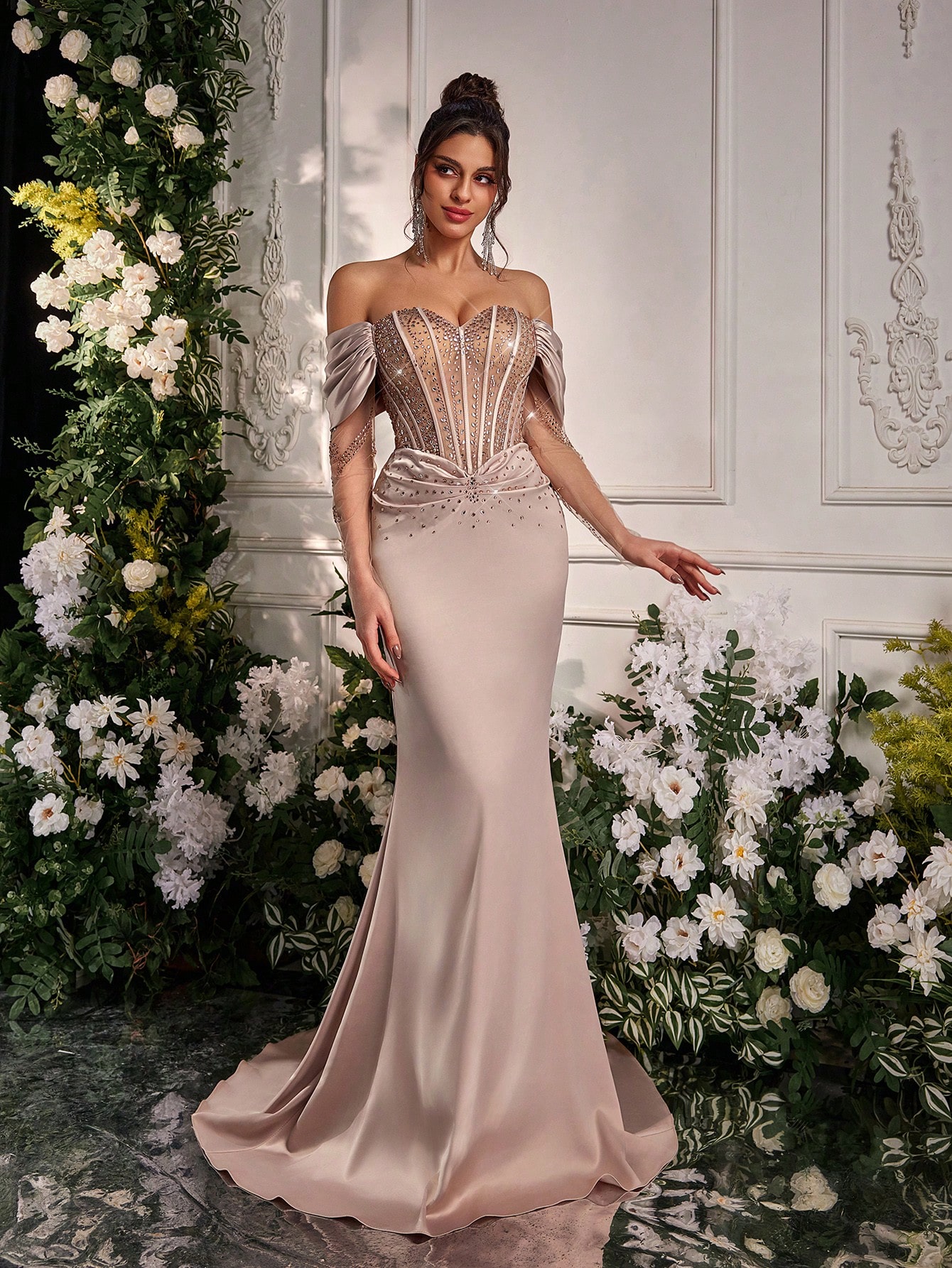 Glamrae فستان ميرميد أنيق ومرصع بالراينستون والحري...