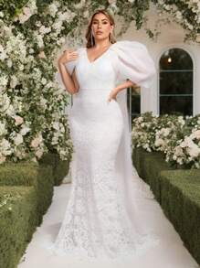 SHEIN Belle Vestido de novia elegante y romántico, de talla grande, con cuello en V, mangas abultadas, lazo y cola, de encaje blanco vintage