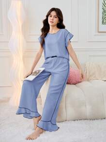 SHEIN 少女简约优雅拼色荷叶边短袖和裤子 2 件套睡衣套装，编织面料家居睡衣 - 藍色 - 查看 3