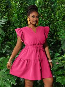 Slaydiva New Casual Resort Round Neck & V-Neck Ruffle Trim Elasticated Waist Bow Decor Multi-Layered Flare Hem A-Line Mini Dress, Green, Plus Size - M