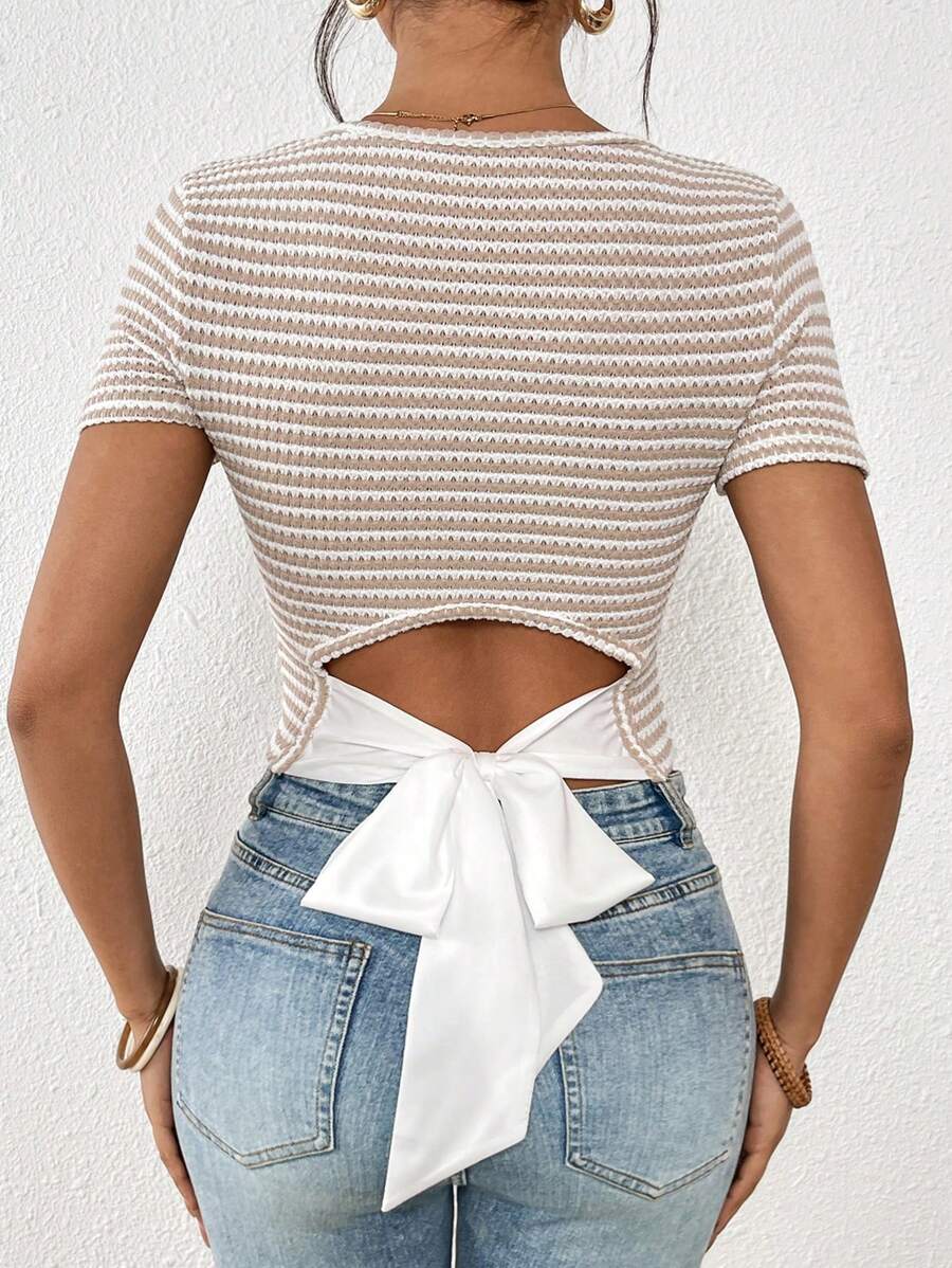 Chiquease 女士春夏休闲法式针织镂空条纹面料简约基本款蝴蝶结装饰修身短袖 T 恤，适合日常生活、度假、旅行、海滩、乡村、波西米亚风格