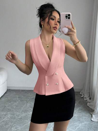 Elenzga Women's Apricot Sleeveless Double-Breasted Cinched Waist Design Fitted Casual Blazer Vest Top