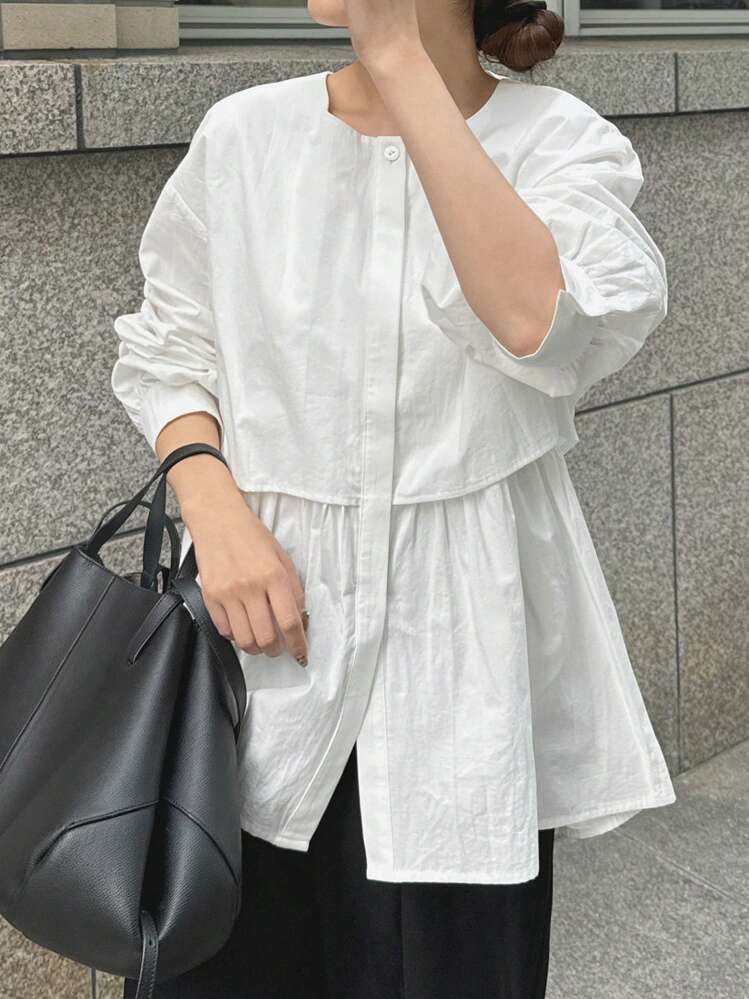 FRIFUL Blusa casual holgada de un solo pecho con cuello de volantes y hombros caídos de unicolor para mujer, otoño - Blanco - Añade 6