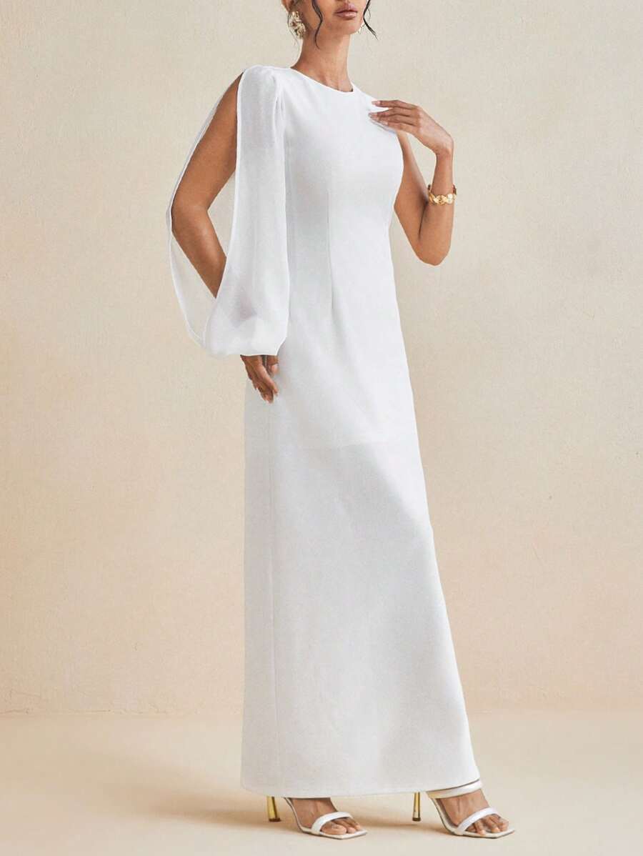 ODELIAR Designer White Transparent Chiffon Bishop Long Sleeve Elegant Maxi Dress, Concert Outfit, Rave, Wedding, Prom Dress - White - View 1