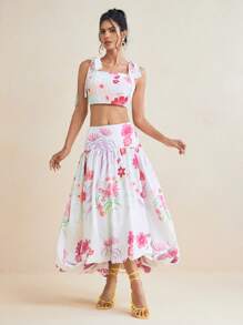 Miriam Omar Designer Women Floral Printed Crop Top With High Waist A-Line Skirt Set Elegant Romantic Spring And Summer Two-Piece Vacation Outfit, Spring Break, Ibiza Fits - Multicolor - View 3