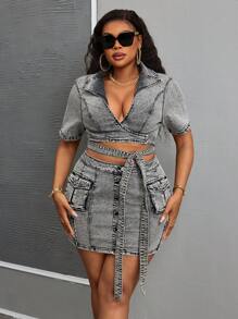 SHEIN SXY Robe en jean slim ajusté avec laçage, lavée, en grande taille