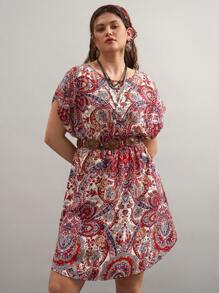 SHEIN LUNE Summer Dresses For Women Plus Size Retro Print Bat-Wing Sleeve Cinched Waist Midi Dress New Years Women Outfit Vacation Outfits Woman Summer Outfits For Women Burgundy Dress Valentine Day Dress Vacation Dresses Short Dresses - Multicolor - View 4