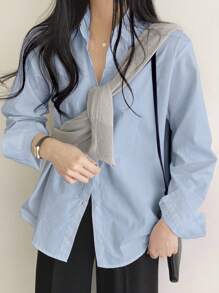 DAZY 纯色纽扣前襟衬衫、长袖上衣 - 藍色 - 查看 4