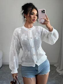 Chiquease 女士落肩常规休闲宽松圆领花卉镂空纽扣薄袖口和下摆春夏开衫 - 白色 - 查看 1