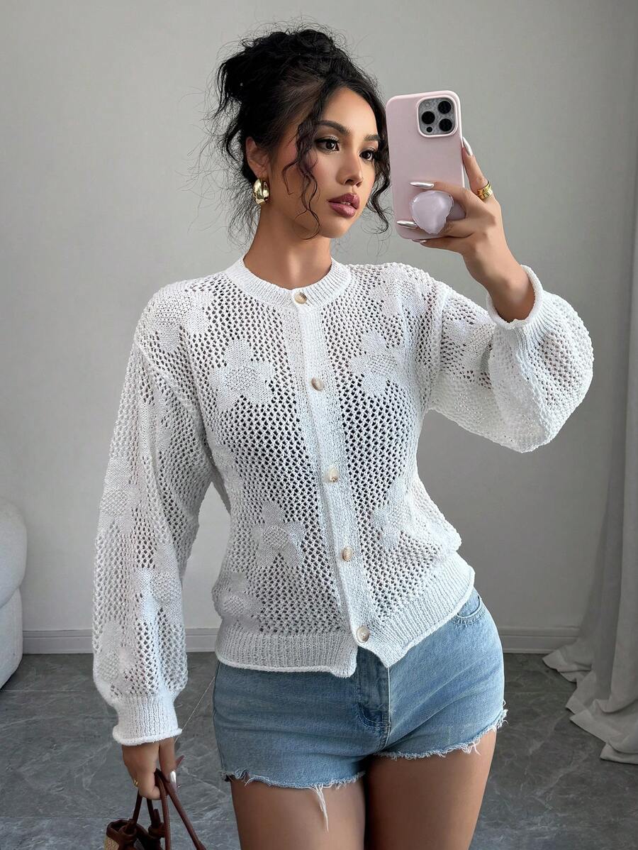 Chiquease 女士落肩常规休闲宽松圆领花卉镂空纽扣薄袖口和下摆春夏开衫 - 白色 - 查看 1