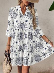 Breezaya 女士休闲洋娃娃印花喇叭袖 A 字形连衣裙，适合度假和日常通勤 - 藍白色 - 查看 7