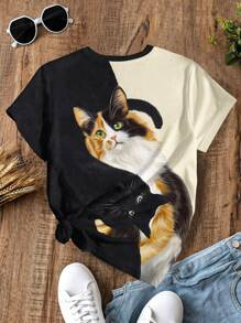 SHEIN LUNE 夏季可爱猫咪印花圆领短袖 T 恤，休闲舒适上衣 - 米色 - 查看 2