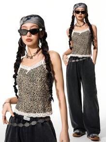 SHEIN Crop top de estampado de leopardo con encaje y parches, para adolescentes, para fiestas, vacaciones, Y2K, uso diario