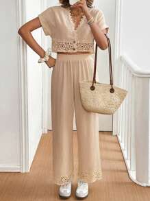 SHEIN Frenchy 2 Pcs/Set Ladies Casual Vacation Solid Color Lace Patchwork Short Sleeve 100% Cotton Top And Pants Set 100% Set Daily Wear Office Wear Old Money Style Clothing Vacation Outfits Woman  Vacation Outfits Women  Lounge Sets For Women - Apricot - View 3