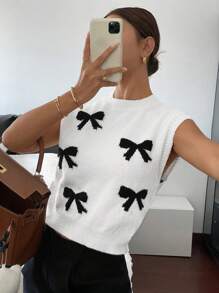 SHEIN Frenchy Áo vest nơ không tay cho nữ, thời trang tối giản, phù hợp cho mùa xuân và mùa thu - Đen và trắng - Xem 3