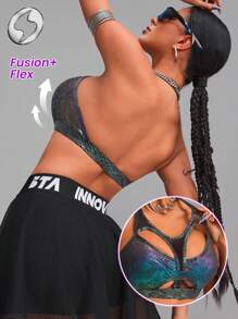 Innovista 女士运动服：烫金印花运动文胸、仿皮和金属光泽健身上衣、镂空动物抽象印花透气网眼剪裁和弹性健身服、健身背心。蛇纹豹纹印花、前卫独特的时尚奢华运动服、音乐节、派对、舞蹈、电动、瑜伽、垫上运动、普拉提、跑步、有氧运动、外出、运动休闲、力量训练、举重、Y2K、比基尼、泳衣、秋季装备 - 彩色 - 查看 3