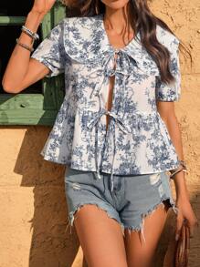 Chiquease Blusa de manga corta con cuello Peter Pan, estampado de teñido anudado, volantes y pliegues en estilo retro francés, holgada para mujer - Multicolor - Ver 5