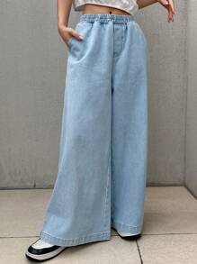 FRIFUL Women Elastic Waist Pocketed Wide Leg Loose Daily Casual Denim Pants,Baggy Jeans
