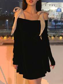 DAZY Women's Splice & Color-Block Velvet Off Shoulder Camisole Bow Detail Mini Dress Fall,Winter