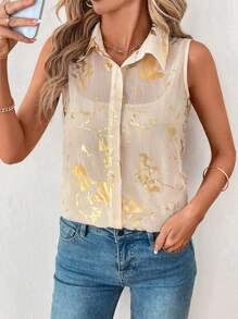 SHEIN Clasi Damska bezrękawnikowa bluzka z nadrukiem foliowym z szyfonu, przezroczysta, na wakacje, lato, plaża dla kobiet, koncert country, wakacje swobodne, kobiety country, kobiety, boho, koncerty kobiet, festiwal rave, dzień św. Patryka, święty Patryk, Ibiza Fits, lato dla kobiet, wiosenna przerwa