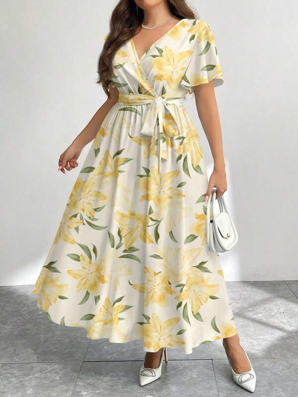 Firerie Casual Vintage Floral Pattern Loose Plus Size Dress, Suitable For Spring & Autumn,Beach Dress Sundress,Holiday Outfits Boho