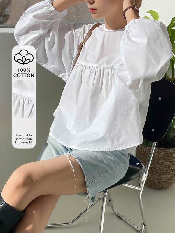 DAZY Solid Lantern Sleeve Keyhole Back Blouse,Ruffle,Fall Clothes Long Sleeve Top