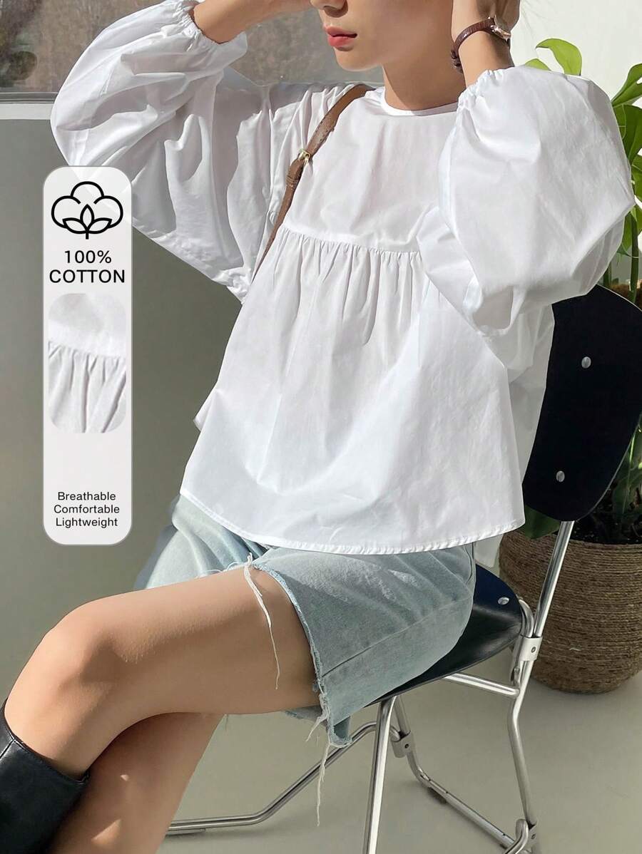 DAZY Solid Lantern Sleeve Keyhole Back Blouse,Ruffle,Fall Clothes Long Sleeve Top - White - View 1