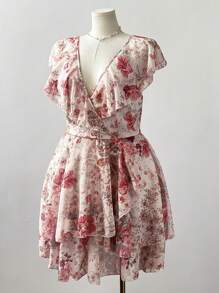 Sweetra Romantic Floral Print V-Neck Cap Sleeve Ruffle Hem Cinched Waist Midi Dress Vacation - Multicolor - View 2