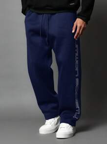 SUMWON Retro Logo Sweatpants Athletic Jogger Style Comfortable Fleece Training Pants Casual Gym Workout Winter Lounge Bottoms With Side Brand Design - Navy Blue - View 3