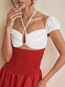 HANNA ALEKSANDRA Designer Halter Neck Smocking Puffball Mini Skirt, Concert Outfit