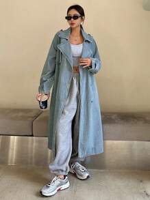 DAZY 女式休闲长款翻领双排扣牛仔夹克，秋季，返校服装 - 藍色 - 查看 4