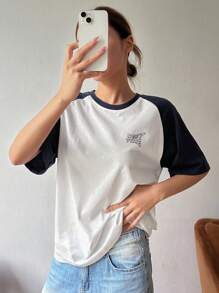 DAZY Women's Summer Round Neck Contrast Color Raglan Sleeve Letter Print Casual Street Style Short Sleeve T-Shirt - Blue and White - View 5
