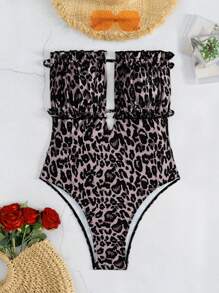 SHEIN VCAY Leopard Print Bandeau One-Piece Swimsuit, Summer - Multicolor - View 1