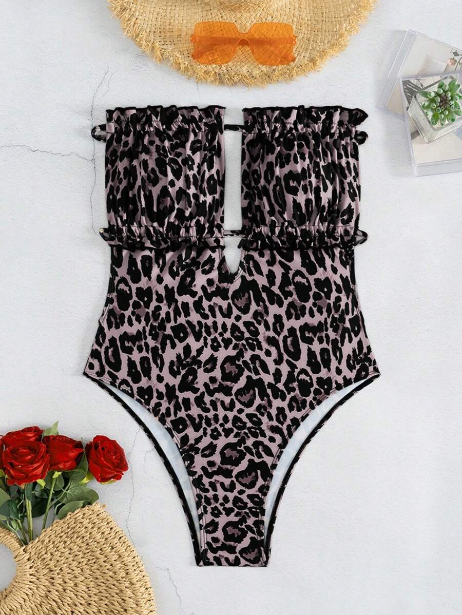 SHEIN VCAY Leopard Print Bandeau One-Piece Swimsuit, Summer - Multicolor - View 1