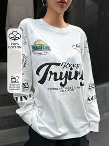 DAZY Text Design Raglan Sleeve T-Shirt Keep Tryin EFFORT SHOULD BE A HABIT NOT A WHIM Long Sleeve Women Tops - White - View 8