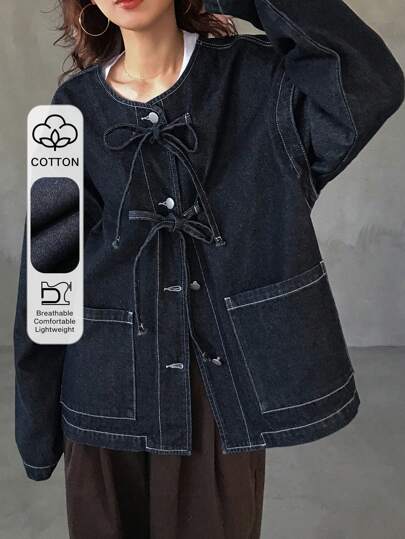 FRIFUL Women Solid Color Pocket Twist Front Button Casual Long Sleeve Denim Shirt,Back To School Clothes,Jeans Jacket,Fall Women Clothes