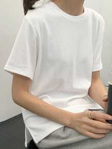 DAZY Solid Round Neck Tee Oversized T-Shirt - White - View 7