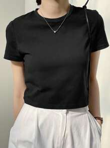 Dazy-Less Solid Crew Neck Crop Tee Summer Preppy Tops Business Casual Woman Work Clothes - Black - View 5