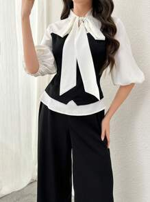 Modelyn 2 件女装套装：灯笼袖系腰上衣 + 休闲长裤，春夏 - 彩色 - 查看 6