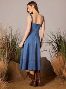 WESTFADE Sweetheart Neck Corset Style Fit And Flare Western Buckle Strap Sleeveless Denim Midi Dress Nashville Style Outfit - Medium Wash - View 4