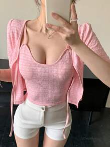 DAZY Conjunto de 2 piezas con top corto con nudo delantero y top tipo camisola para mujeres, primavera/verano