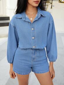 SHEIN Essnce Macacão Casual de Denim Lavado de Manga Longa com Ombro Caído e Abotoamento Simples para Mulheres - Lavagem clara - Visão 3