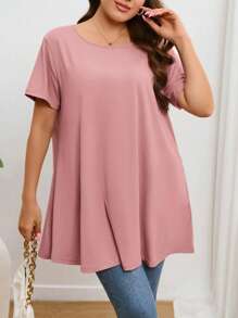 Firerie Plus Size Casual Solid Color Loose Short Sleeve T-Shirt - Pink - View 5